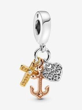 Pandora Triple-tone Cross, Heart, & Anchor Dangle Charm